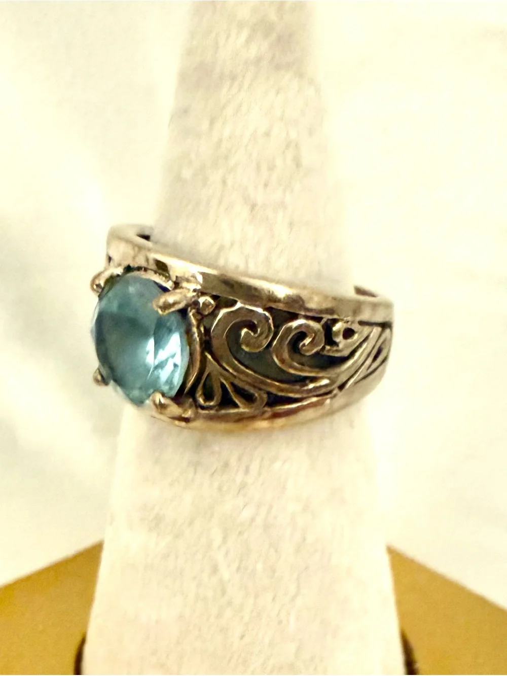 Sterling Silver 925 Blue Topaz Scroll Filigree Wide Band Ring Vintage Size 7
